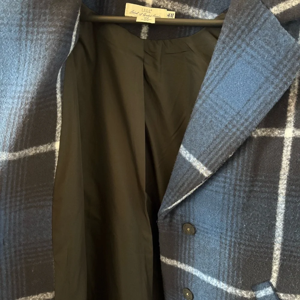 H&M Felted Oversized Coat Check Plaid Dark Blue Size M Bloggers' Favorite - Picture 11 of 15